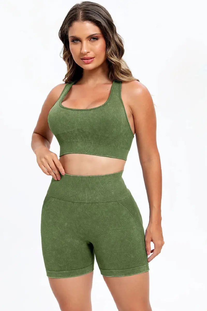 3 Piece Washed Square Neck Wide Strap Active Set for Women - Love Salve